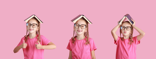 Back to school concept. Banner of smiling little school girl with different gesture, emotions and...