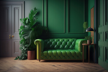 On a green wall with wooden floors, there is a green sofa and table. Generative AI