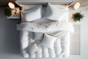 Elegant bed with soft white duvet, bedding and pillows, top view. AI Generated