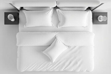 Elegant bed with soft white duvet, bedding and pillows, top view. AI Generated