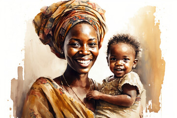 Black woman watercolor painting style banner for africa day created using Generative AI. - obrazy, fototapety, plakaty