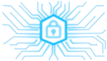 Cybersecurity overlay transparent background. Blue padlock with connections and wires around for technology concept. Encrypted password vault without background for compositing - Powered by Adobe