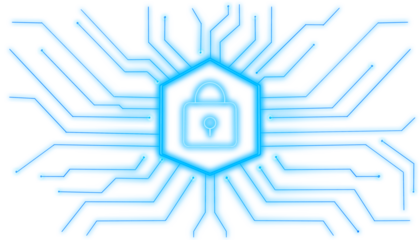 Cybersecurity overlay transparent background. Blue padlock with connections and wires around for technology concept. Encrypted password vault without background for compositing