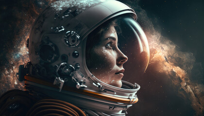 Close up portrait of a female astronaut in space created using Generative AI.