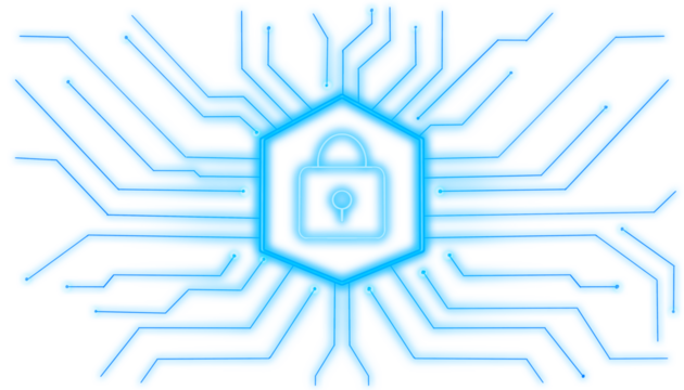 Cybersecurity overlay transparent background. Blue padlock with connections and wires around for technology concept. Encrypted password vault without background for compositing