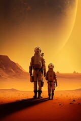 Fototapeta na wymiar illustration, view of father and son on the planet Mars, fantasy, ai generative