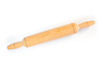 Wooden rolling pin isolated on a white background. Top view, flat lay.