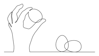 Hand holds easter egg one-line art, hand drawn palm continuous contour. Christian holiday design, festive decoration. Editable stroke. Isolated. Vector illustration