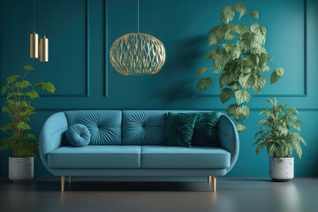 Modern living room interior with sofa and green plants,lamp,table on blue wall background
