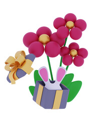3d Flowers and Easter Bunny 3D rendering illustration