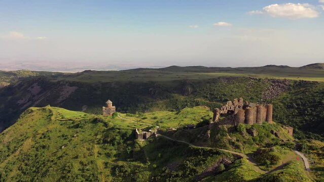 Drone view over the Vahramashen Chapel and famous Amberd fortress on the slope of Mount Aragats in Armenia. Travel attractions in Armenia.	