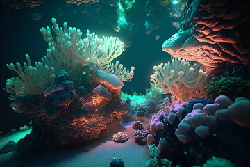 Naklejka na ściany i meble Underwater Coral Reef. Fish Around a Coral Reef. Generative AI