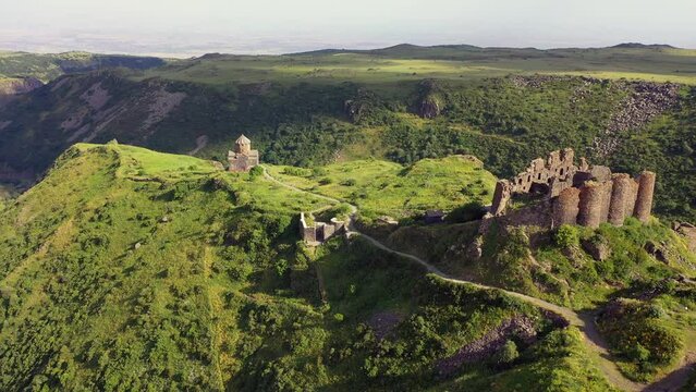Drone view over the Vahramashen Chapel and famous Amberd fortress on the slope of Mount Aragats in Armenia. Travel attractions  in Armenia.