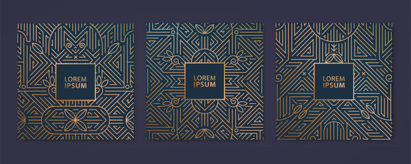 Vector set of luxury cover templates, square line art deco patterns. Fancy design elements for placards, banners, flyers, presentations and cards