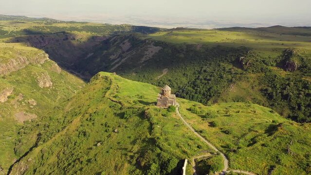 Drone view over the Vahramashen Chapel and famous Amberd fortress on the slope of Mount Aragats in Armenia. Sights of Armenia.