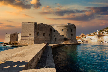 Old city walls in Dubrovnik at sunset, Croatia
