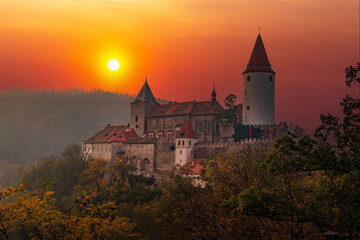 View of Krivoklat castle at sunset. Autumn evening. Czechia. © Sergey Fedoskin