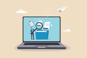File management or documents archive, computer data backup or virus scan, online cloud storage or search for files concept, businessman with magnifying glass search for file in folder computer laptop.