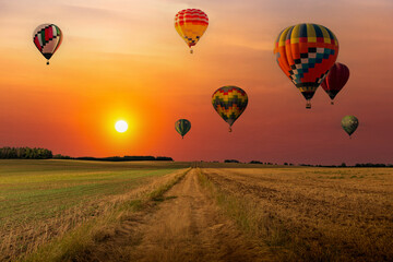 Fototapeta premium Colorful hot air balloons flying over field at sunset.