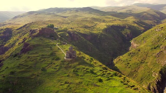 Drone view over the Vahramashen Chapel and famous Amberd fortress on the slope of Mount Aragats in Armenia. Sights of Armenia.