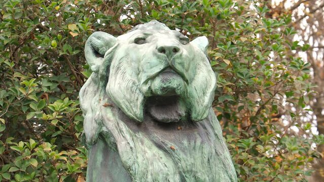 The Nubian Lion and its Prey, a statue by
August Cain in the Jardin du Luxembourg Garden in Paris France in Autumn