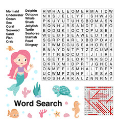 Sea Word search. Educational game. Learning English. Printable puzzle with mermaid and ocean animals. Kids activity worksheet. Vector illustration.