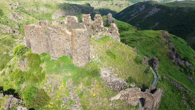 Drone view over the Vahramashen Chapel and famous Amberd fortress on the slope of Mount Aragats in Armenia. Travel attractions  in Armenia.