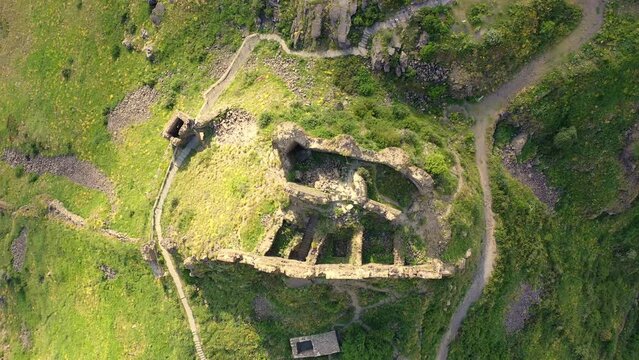 Drone view over  famous Amberd fortress on slope of Mount Aragats in Armenia. Travel attractions  in Armenia.