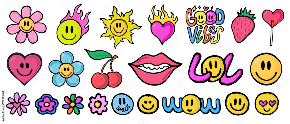 Poster cool trendy smile stickers pack. set of groovy patches vector design.. pop art badges.
