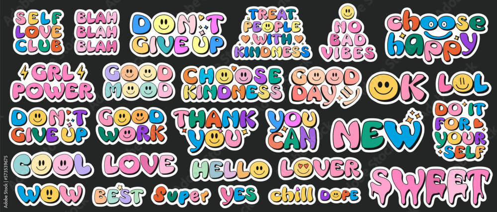 Poster Cool Trendy Smile Stickers Pack. Set Of Groovy Patches Vector Design.. Pop Art Badges.