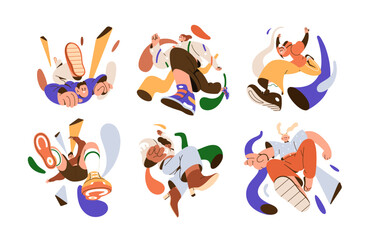 Happy young free people jumping up, flying with fun, joy emotions. Energy, freedom, enthusiasm, new heights, goals, aspirations concept. Flat graphic vector illustrations isolated on white background