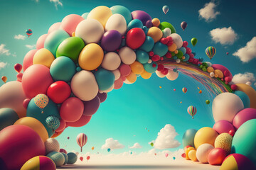 Birthday background with balloons. Illustration AI Generative