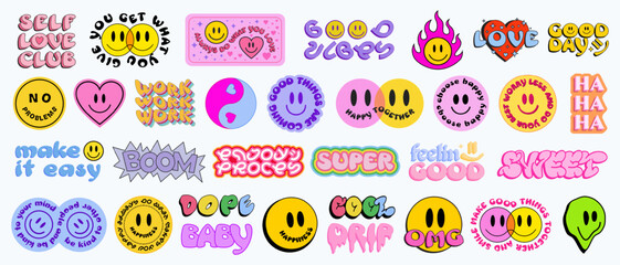 Cool Trendy Smile Stickers Pack. Set Of Groovy Patches Vector Design.. Pop Art Badges.