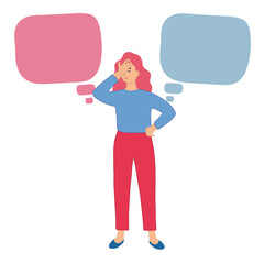 The woman is holding her head. Unable to choose between two options. Flat cartoon vector illustration.