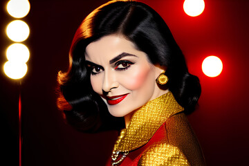 Glamorous Woman in Golden Jacket Poses on Vibrant Red Background. Black-Haired Woman Smiling at the Camera. Generative AI