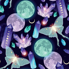 Seamless vector pattern with moths and crystals - 573539889