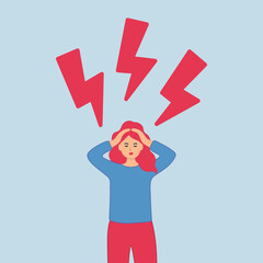 a young woman is afraid and covers her ears with her hands, her eyes are closed, she is surrounded by 