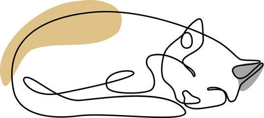 Sleeping Cat in continuous one line art style. Cat with curled tail. Kitten drawing using single one line drawing. Isolated on white background. Hand drawn minimalism style PNG illustration