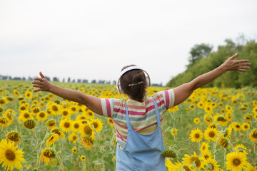 middle aged woman in headphones in a field with sunflowers at sunset.  Audio healing. meditation....