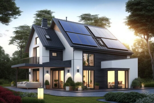 Solar panels on the roof of the modern house. Exterior design of luxury modern house. AI generated