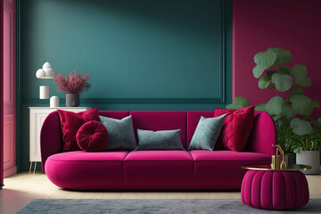 Viva magenta 2023 color room background. Modern interior design with accent luxury sofa and table furniture. Gray couch and burgundy crimson pillows. Mockup interior room home design. 3d render