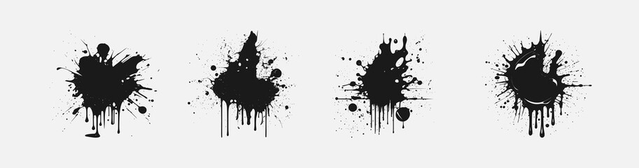 Dirty collection of paint splatter, drops, blots, spray. Grunge set. Set of blots and stains isolated on white background. Collection of various ink splashes.Vector illustration