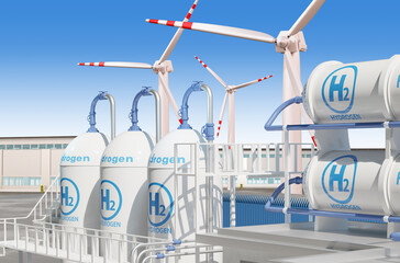 Power plant with hydrogen tanks. Getting electricity from wind. H2 logo on power plant tanks. Processing wind and gas hydrogen into electric current. Industrial area with hydrogen equipment. 3d image