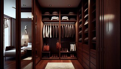 Obraz na płótnie Canvas Front view of modern and large wardrobe in dressing room with fashionable clothes wear, shoes and bag