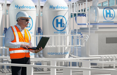 Man works for energy company. Engineer stands among hydrogen equipment. Mechanic with laptop controls process of obtaining energy. Man inspects hydrogen power plant. Getting electricity  hydrogen H2 - obrazy, fototapety, plakaty