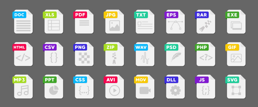 File format flat icon set. Document file icons vector set