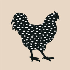 Speckled cock icon, dappled rooster vector illustration in collage style isolated on beige. Funny and cute bird, Easter design element.