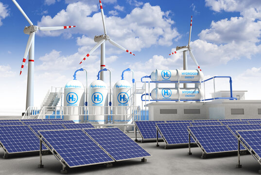 Eco power station. Solar panels. Wind turbines under blue sky. Tanks with H2 hydrogen. Power station for clean fuel. Sustainable Energy System. Eco-friendly power station. 3d image.