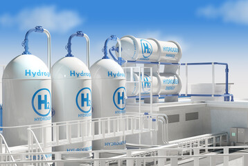 Tanks for gaseous hydrogen. Eco-friendly energy plant. H2 logo on white tanks. Solving energy problems. Hydrogen equipment on roof of factory. Hydrogen storage. Sustainable energy model. 3d rendering
