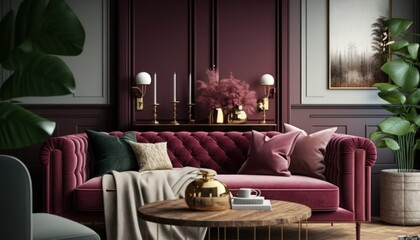 Living room interior, burgundy velvet couch with cushions, generative ai